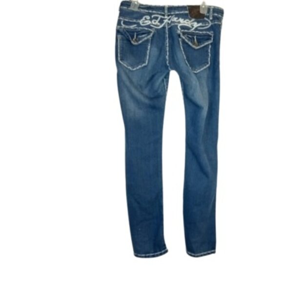 Vintage Ed Hardy Womens Low Rise Straight Boot Jeans Embroidered Flap Pockets 31 - Picture 1 of 4
